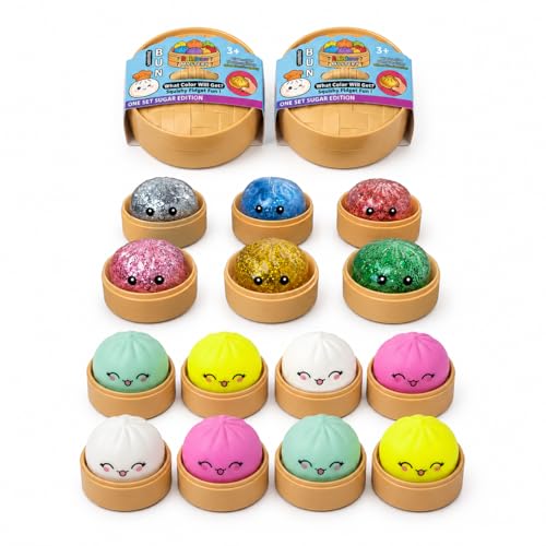 Mystery Dumplings Squishy Buns 1er 3er 4er Set Glitzer & Matt Überraschungsfarbe 5 5cm Squeeze Toy mit Steamer Box Anti Stress Ball Knetball Baozi Mochi Büro (1er - Glitzer)