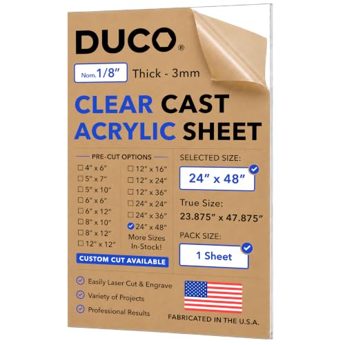 Duco 1/8" Clear Cast Acrylic Sheet, 24"x48" Plexiglass Sheet, 1 Pack