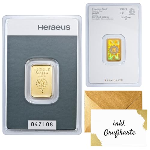 Heraeus Kinebar Goldbarren Feingold 999.9 mit Hologramm Seriennummer & Zertifikat original Blisterkarte inkl. Grußkarte & Geschenkumschlag (5g Gold)