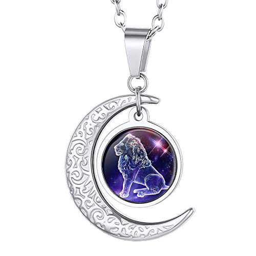Suplight Collier Femme Acier Inxoydable Chaîne Pendentif Lune Lion Signe Astrologique Bijou Moderne Cadeau Accessoire Parfait