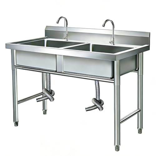 Lavello da Cucina in Acciaio Inox con Rubinetto, Lavello commerciale a 2 vasche, Lavello da Cucina Professionale per Ristorante, Bar, Caffè, 100 * 50 * 80 CM