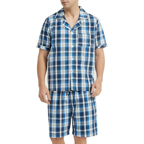 Image of Vulcanodon Mens Cotton Pajama Set Short Sleeve, Button Down Pajama Set for Men Lightweight Men's Sleepwear