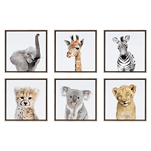 Kate and Laurel Sylvie Safari Animal Collection Framed Canvas Wall Art by Amy Peterson Art Studio, Set of 6, 13x13 Gray, Decorative Animal Art for Wall