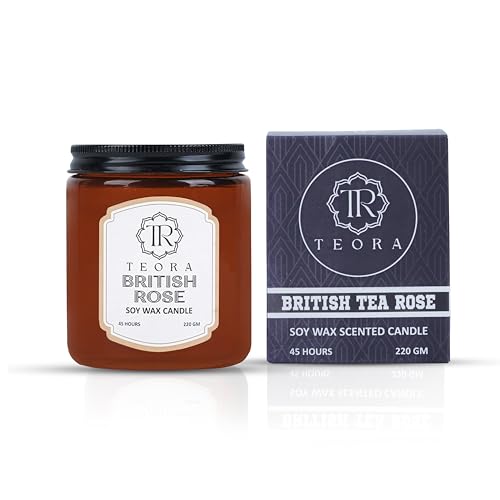 Image of Teora By Bindian Luxury Soy Wax Scented Candle in Amber Glass Jars | 220g Each | 45H Long Burn Time | Natural Smokeless Wax for Home Decor, Spa & Aromatherapy Candles (British Rose)
