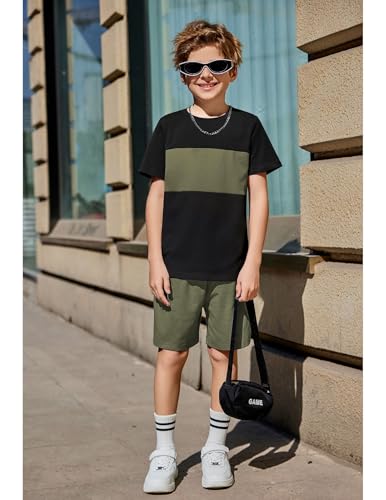 Image of Arshiner Boys' 2-Piece Cotton Outfit Color Block T-Shirt and Shorts Set Summer Camo Clothes for Kids 5-14 Years