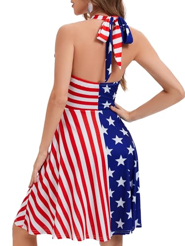 Image of Women's Festival Dress- Halter V Neck Sleeveless Ruffle Mini Dresses with Pocket