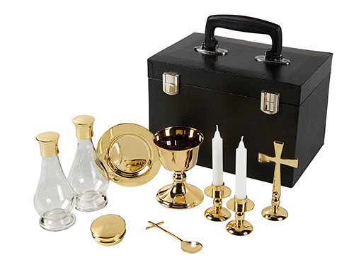 Sudbury Mass Kit/Sick Call Set, Hard Case, POLISHED BRASS, Chalice, 2 Glass Cruets, Paten, Cross, Spoon, 2 Candle Holders, and Pyx