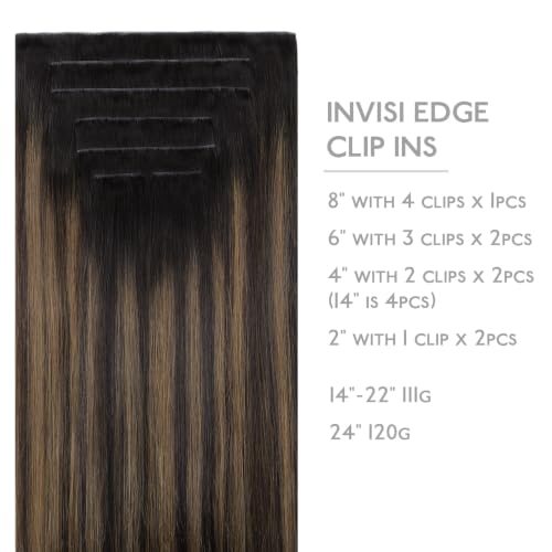 Image of WENNALIFE Invisible Edge Seamless Clip in Hair Extensions Real Human Hair | 16'' 111g 7pcs Balayage Dark Brown Mixed Chestnut Brown. Thin PU Weft, Easy, Comfortable Clip in Luxury Remy Hair Extensions