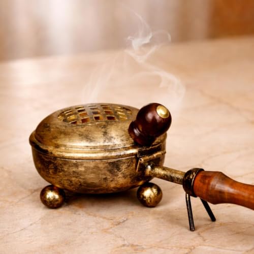 Image of ServDharm Dhoop Dani with Handle | Incense and Loban Burner Dhuni Stand for Home, Office and Temple Pooja | Metal Dhoop Dani Antique Gold, Round, 3.3 Inch |11.4 cm