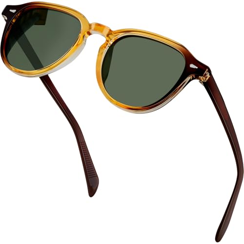 KANASTAL Lunettes de Soleil Femme Polarisées Rétro Lunette de Soleil Ronde Homme Vintage Léger Cadre TR90 avec Branches en Acétate Protection UV400, Cadre Marron Clair Foncé et Verre Vert