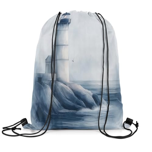 Image of jejeloiu Lighthouse Drawstring Backpack 13x15.7inch Nautical Seascape Waterproof Gym Drawstring Bags Ocean Sports String Backpack Beach Swim Travel Bag Sackpack