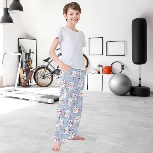 Boy's Pj Pants White Cat Wear Big Bow Flower Lounge Bottoms Elastic Waist Kids Joggers with Pockets Size 6-14 6