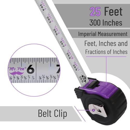 Image of Mr. Pen - 25 Foot Purple Retractable Steel Measuring Tape with Fractions, Easy Read