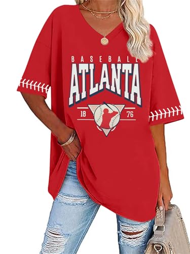 SFHFY Baseball Jersey Women: Oversized Baseball Mom Shirt V Neck Baseball Team Tee Casual Game Day Sport Top A-red