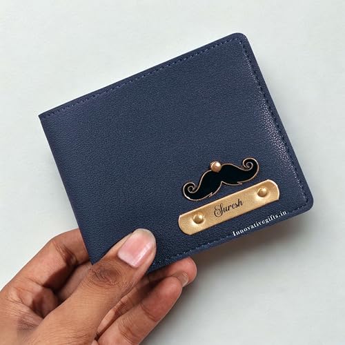Image of Innovative Gifts Men's Personalized Wallet I Stylish Vegan Leather Slim Purse with Name & Charm I Customized Unique Gift for Birthday Anniversary Men Boy Love Husband Employees Clients (Blue)