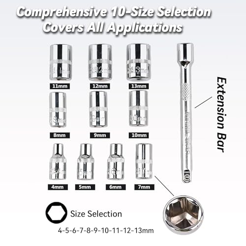 Image of 12pcs 1 /4 Inch Ratchet Socket Wrench Set, Drive Socket Set with 10 Sockets 4-13mm and 2 Way Quick Released Ratchet Handle and Extension Bar (1 /4 inch Drive 12pcs)