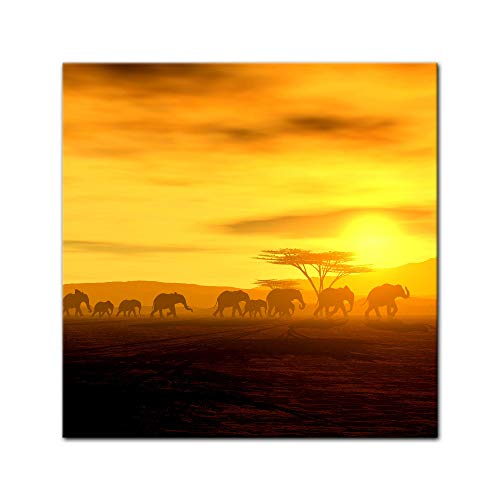 Bilderdepot24 Impression d'art - African Spirit - La migration des éléphants - 60 x 60 cm - Images comme une impression de toile - la faune - Troupeau d'éléphants devant un coucher du Soleil – vue 2