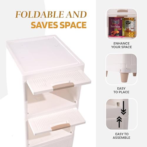 Image of YASONIC π― π§πΆπ²πΏ Foldable Plastic Rack for Storage /Kitchen Cupboard /Versatile and Sturdy Wardrobe for Clothes /Multipurpose Storage Organizer /Closet for Bedroom /Living Room /Laundry Room (Off White)