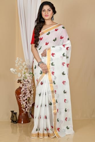 Image of eC ESHA'S COLLECTION Women's Kerala Cotton Floral Motif Printed Zari Bordered Tant Saree Without Blouse Piece