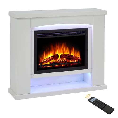 Endeavour Fires Ebberston 39'' Electric Fireplace Suite and Realistic Flame & Log Effect Fire, 13 Colour LED Lighting Remote Control In an Off White Fireplace Surround with Plinth