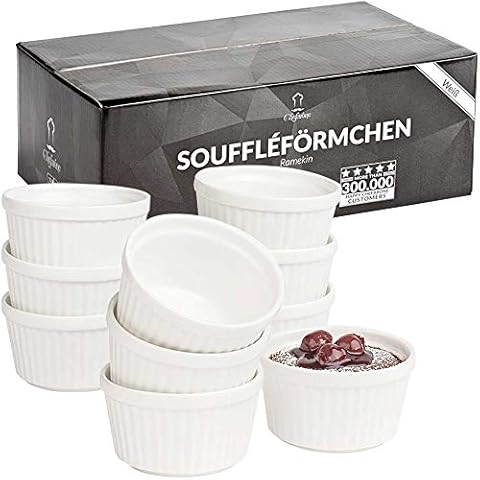 Chefarone® Soufflé Förmchen Backofenfest 10er Set - Creme Brulee Schälchen Keramik zum Backen und Anrichten - Mini Auflaufformen 200 ml - 10er Set weiß (9x7.5x5CM) Cover