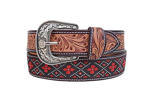 Western Tooled Leather Beaded Belt For Men and Women 30AB0122
