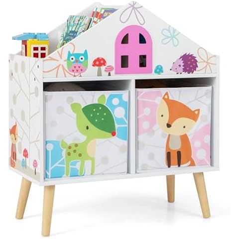 COSTWAY Kids Bookshelf with Storage Bins Cover