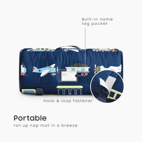 Image of Wake In Cloud - Toddler Nap Mat with Pillow and Minky Fleece Blanket, for Kids Boys Ages 3 Plus in Daycare Preschool Kindergarten, Roll Up Sleeping Bag, Planes Trains Trucks