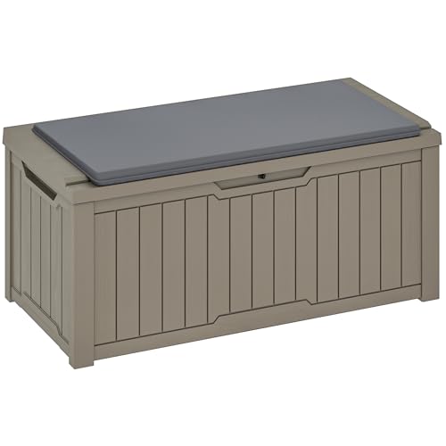 YITAHOME 120 Gallon Outdoor Storage Deck Box with Cushion, Large Resin Patio Storage for Outdoor Pillows, Garden Tools and Pool-Supplies, Waterproof, Lockable (Taupe) by YITAHOME - Used condition - US$116.25