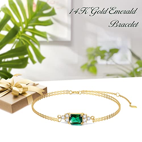 14K Real Gold Emerald Bracelet for Women, Yellow Gold Gemstone Bracelets, Square Cut Emerald Double Chain Birthstone Bracelets Jewelry Birthday Christmas Gifts, 6.5'' to 8.5''2