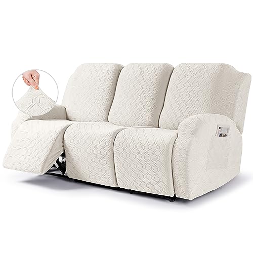 Image of VANSOFY Recliner Cover, 3-Pieces Stretch Reclining Couch Covers with Pockets Reclining Sofa Slipcovers 3 Seater Soft Washable Furniture Protector for Dogs Cats(Off White)