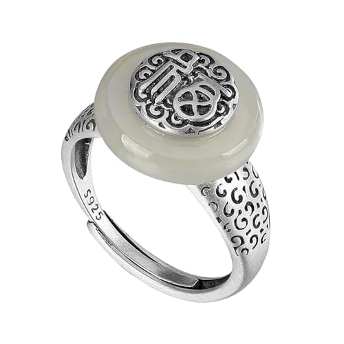 Seakeera S925 Silver with Natural White Jade Ping An Buckle Fu Zi Ring (Opening Adjustable) for Women Yoga Genuine 1