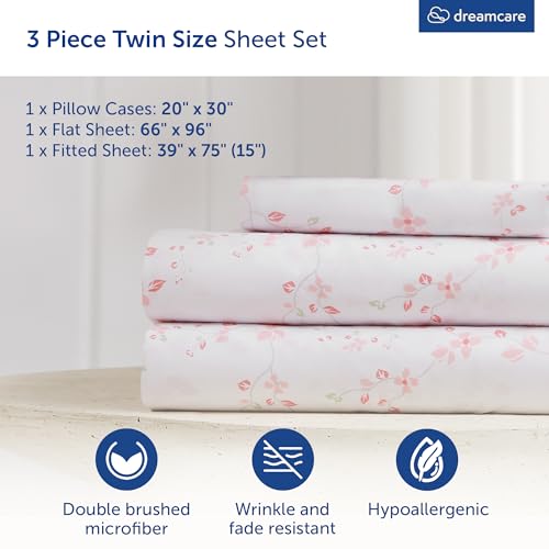 Image of DREAMCARE Twin Sheets - 3 pcs Breathable Cooling Twin Bed Sheets | up to 15 inch Deep Pocket Twin Sheet Sets with Side Pockets - Extra Soft - Double Brushed Hotel Luxury Bed Sheets -Floral