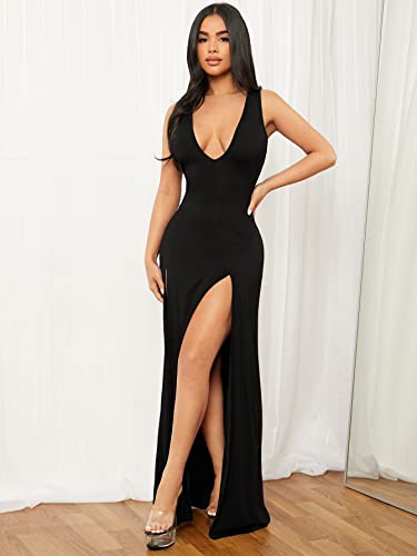 WDIRARA Women's Plunging Deep V Bandage High Split Sexy Dress Solid Bodycon Maxi Dress4