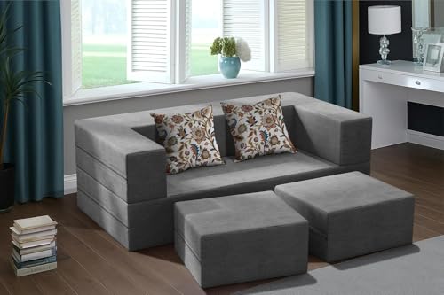 Image of 5x6 Ft C-Type Sofa Cum Bed | Jute Fabric with Washable Cover | Two Seater with 2 Pouffe for Living Room & Office | - Grey Color