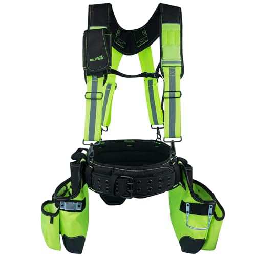 Image of MELOTOUGH Reflective Safety Tool Belt with Suspenders Tool Bag Supenders Framers Comb Apron Construction Tool Pouch Builder Heavy Duty Carpenter Suspension Rig for Electrician, Roofing
