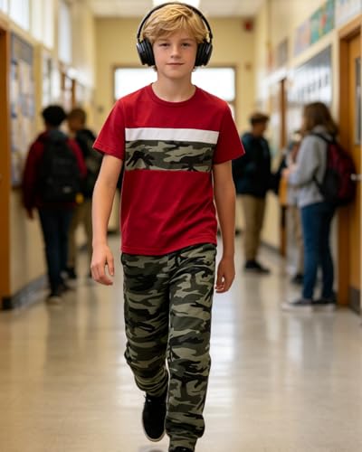 Image of OLMRJKD Boys 2 Piece Outfits Color Block Clothes Short Sleeve T Shirt and Camouflage Pants Summer Clothing Sets