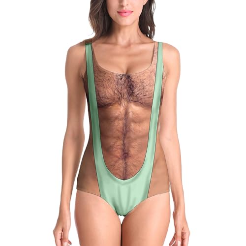 Borat Anzug für Frauen Lustiger Borat Mankini Badeanzug Damen mit Behaart Brust Bedruckt Bedruckt Einteiler Strandmode mit Brustpolstern Blickdichter Monokini für lustige Strandoutfits Muske