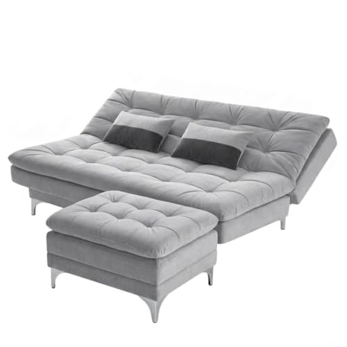 Image of FURNY Supersoft 3 Seater Fabric Sofa Cum Bed with Ottoman (Light Grey) Premium Velvet Finish with Extra 2 Cushions, Ideal for Living Rooms, Bedrooms, Offices