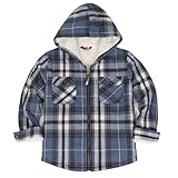 ThCreasa Boys Girls Sherpa Fleece Lined Flannel Jackets with Hood, Plaid Zip Up Hooded Coat Little Kids Flannel Shacket Blue M 7-8