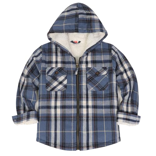 ThCreasa Boys Girls Sherpa Fleece Lined Flannel Jackets with Hood, Plaid Zip Up Hooded Coat Little Kids Flannel Shacket Blue M 7-8