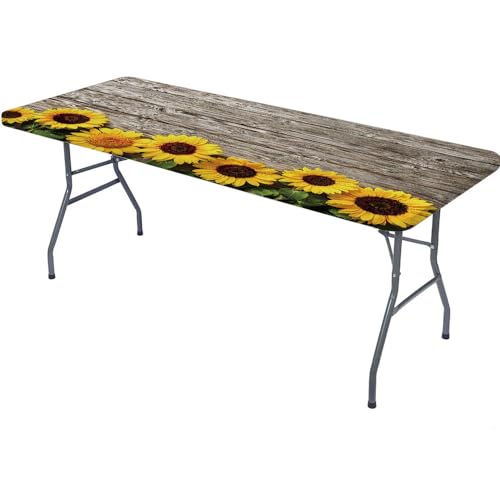 MAZU Autumn Background with Sunflowers On Wooden Background Fitted Rectangular Table Cover Tablecloth with Elastic Edge for Picnic, Camping, Indoor, Outdoor 48x24 Inch for 4ft Table, Design1447