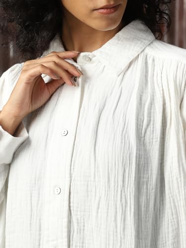 Image of High Star Women Cotton Solid Oversized Fit Casual Collar Full Sleeves Shirts