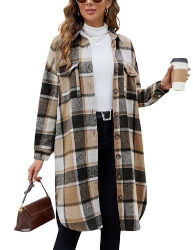 Tuopuda Chaqueta de Camisa para Mujer Largas Retro Chaqueta a Cuadros de Manga Larga Camisa de Franela con Botones(Caqui,L)