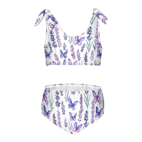 JUNZAN Lavender Flowers Butterflies Girls Bikini Adjustable Strap 2 Piece Swimwear Little Girls Beach Surf Suits 3T