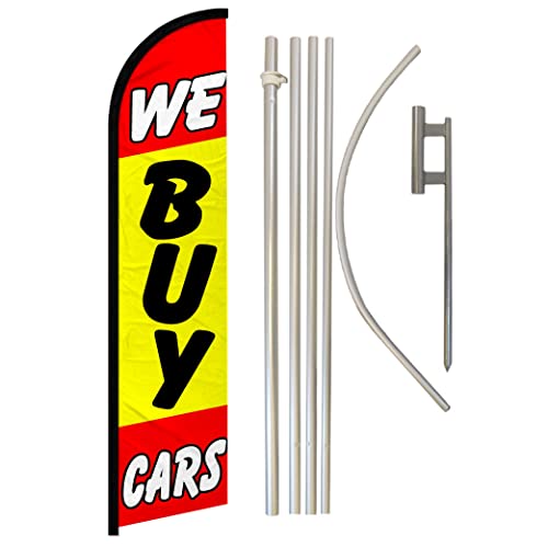 We Buy Cars Windless Banner Advertising Flag & Pole Kit - Perfect for Car Lots, Dealerships, Auctions