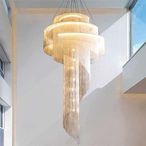 Lámpara de araña grande dúplex con borlas doradas Compatible with sala de estar vacía, escalera en espiral,Lámpara de Techo