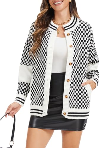Women's Oversized Checkered Cardigan, 2025 Fall Button Down Checkerboard Knit Sweater Streetwear with Pockets