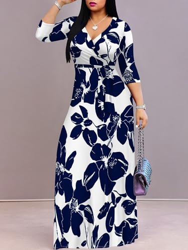 Image of Women's V Neck Floral Maxi Dress 3 /4 Sleeve Plus Size Boho Wrap Flowy Long Dresses with Belt