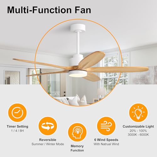 Image of WINGBO 54 inch Ceiling Fan with Light - 5 Carved Solid Wood Blades, 6-Speed Reversible DC Motor, Dimmable, 3CCT, Noiseless Remote Control Ceiling Fans with Lights for Bedroom Living Room, White and Oak